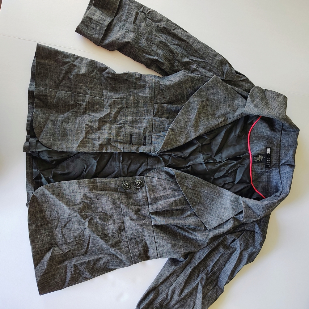 Gray Plaid Blazer with Button Detail